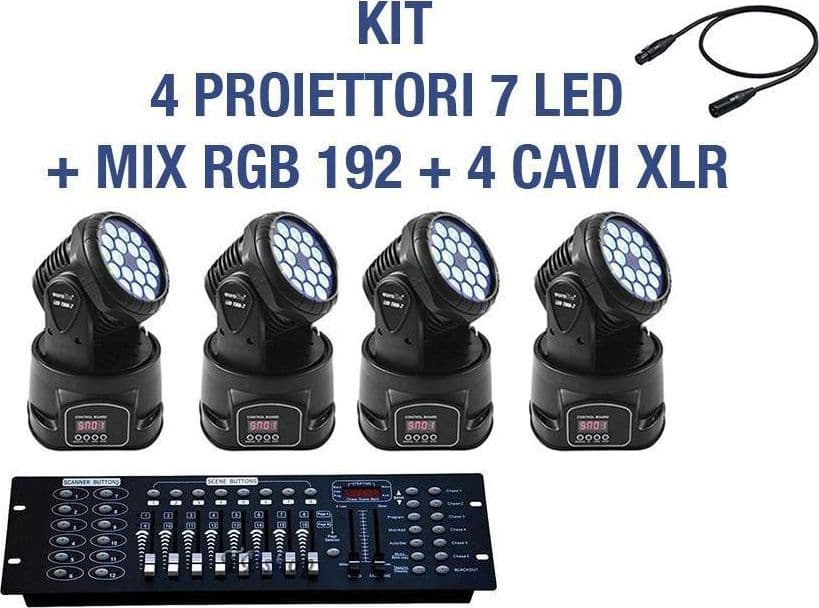 KIT PROIETTORE LED RGB TESTA MOBILE ROTANTE 7 LED DMX + MIXER DMX RGB 192 - 2