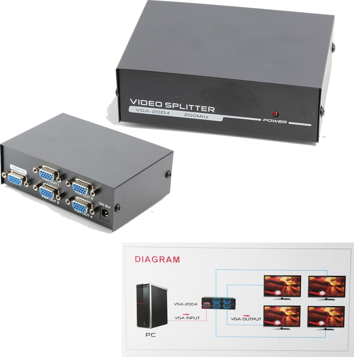 SPLITTER PER MONITOR TV 4 PORTE VGA 200 MHz ALIMENTATORE DC 1920x1440 VGA-2004 - 8