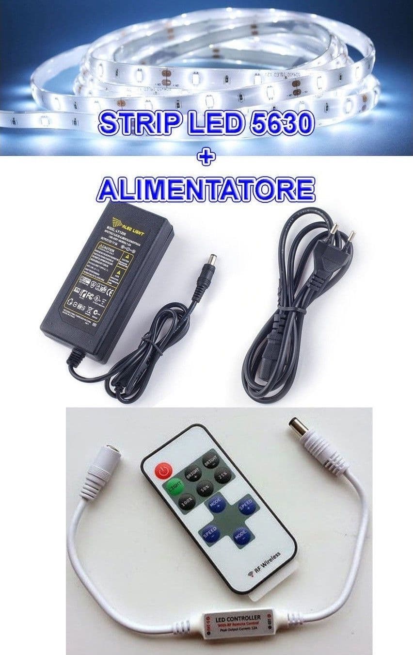 5M STRISCIA STRIP LED SMD 5630 + ALIMENTATORE 5A + DIMMER TELECOMANDO CONTROLLER – Bianco Caldo – TrAdE Shop Traesio –