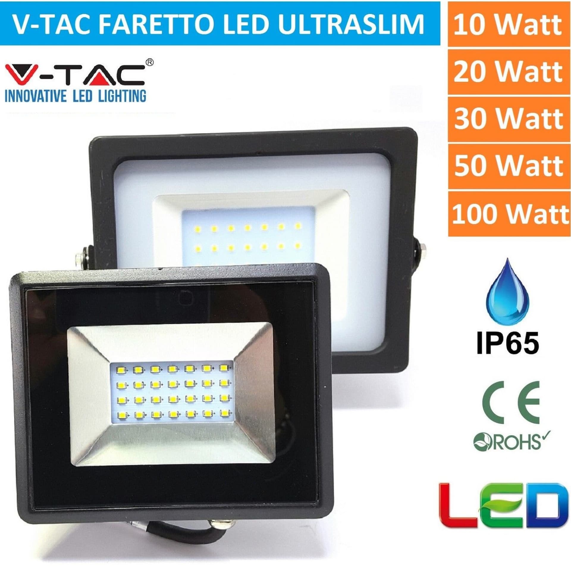 V-TAC FARO FARETTO LED SMD 10W 20W 30W 50W 100W SLIM DA ESTERNO IP65 COLORE NERO - 7