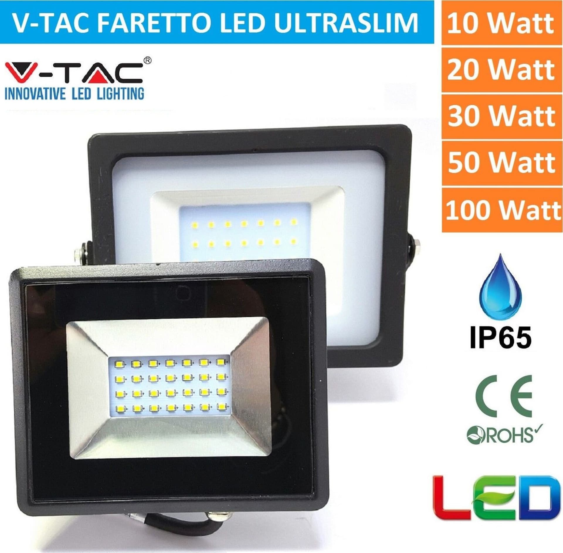 V-TAC FARO FARETTO LED SMD 10W 20W 30W 50W 100W SLIM DA ESTERNO IP65 COLORE NERO - 6