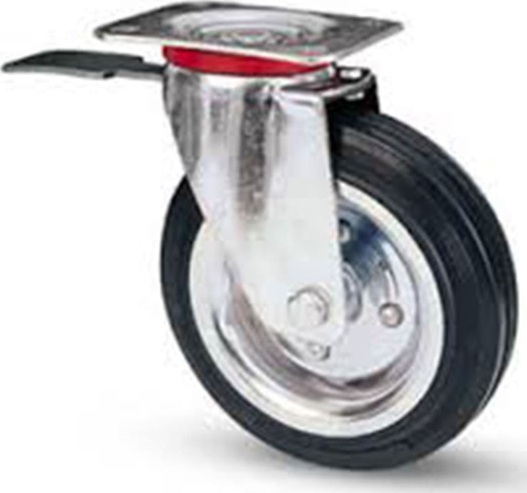 RUOTA IN GOMMA CON PIASTRA GIREVOLE CON FRENO AVO flange in acciaio – 80 mm – Avo ® – metallo
