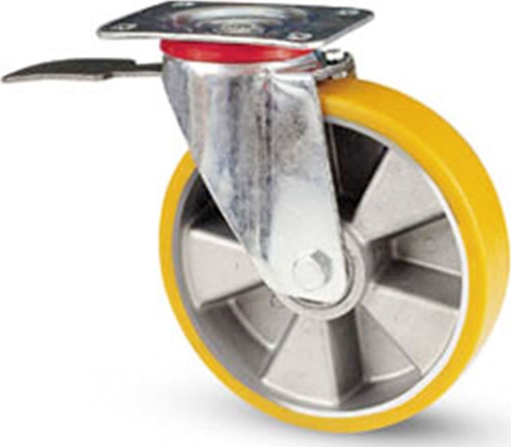 RUOTA GIREVOLE CON PIASTRA E FRENO RIVESTIMENTO IN POLIURETANO AVOLAN SH A 91 – 80 mm – Avo ® – giallo