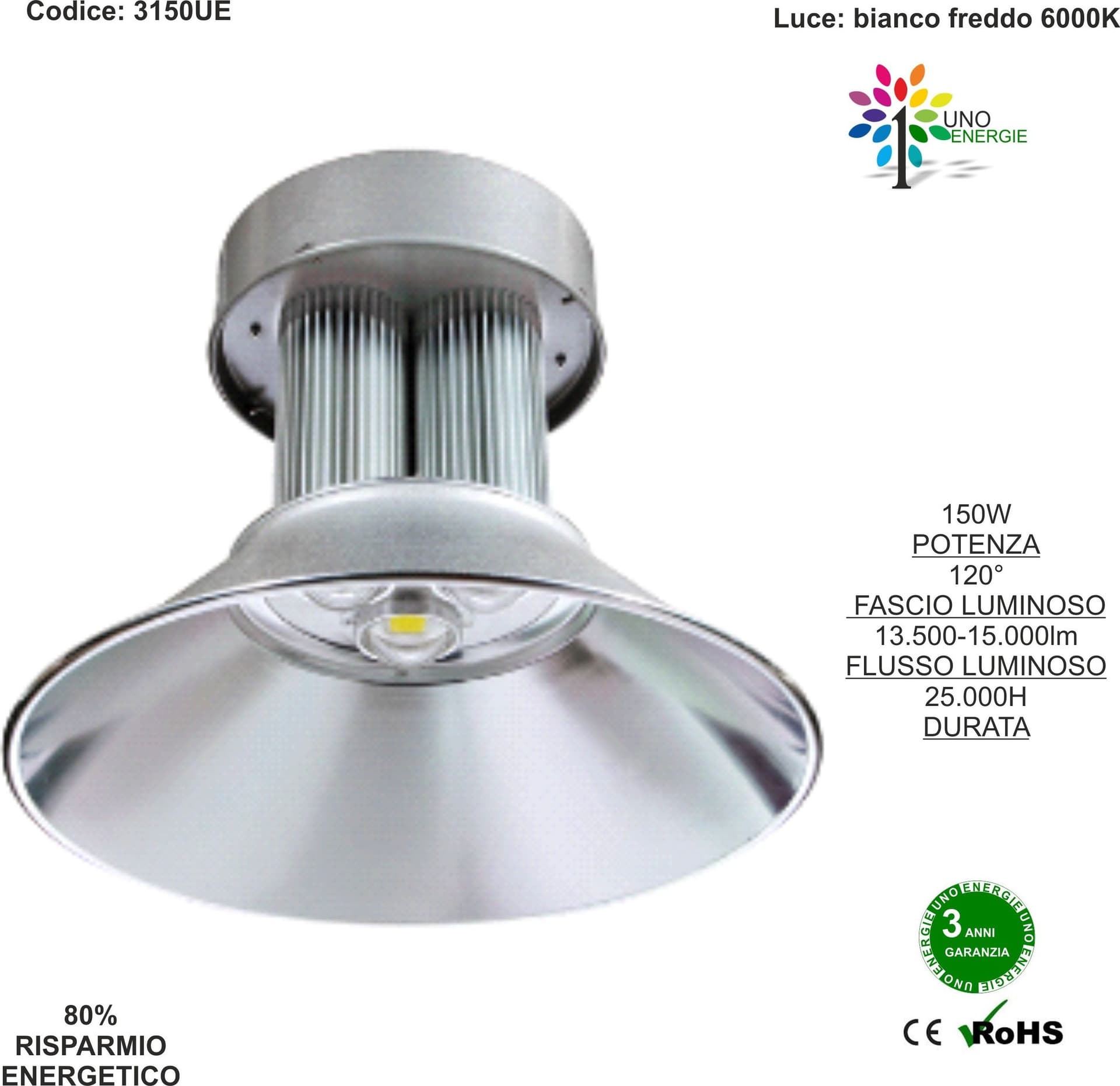 FARO PROIETTORE FARETTO CON CAMPANA INDUSTRIALE A LED 150WATT LUCE BIANCO FREDDO - 5