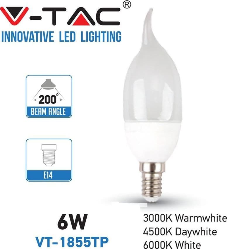 LAMPADA LAMPADINA LED V-TAC 6W 6 WATT LUCE FREDDO FIAMMA OPACA CANDELA E14 - 2
