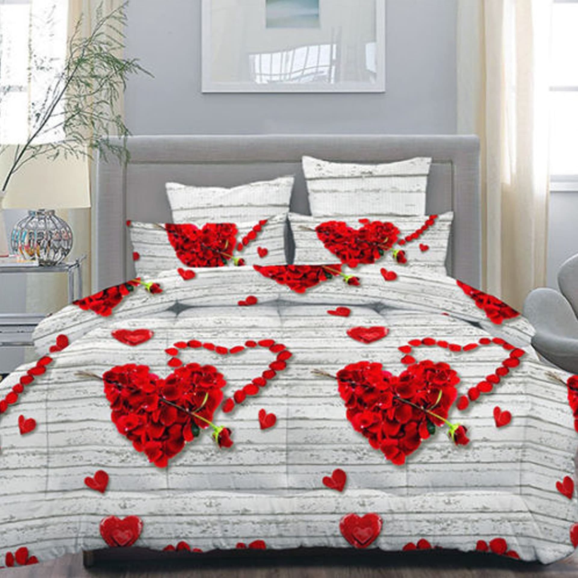 COMPLETO MATRIMONIALE CALDO LENZUOLO 250x290CM MAXI ANGOLI CUORI PETALI ROSA - 6
