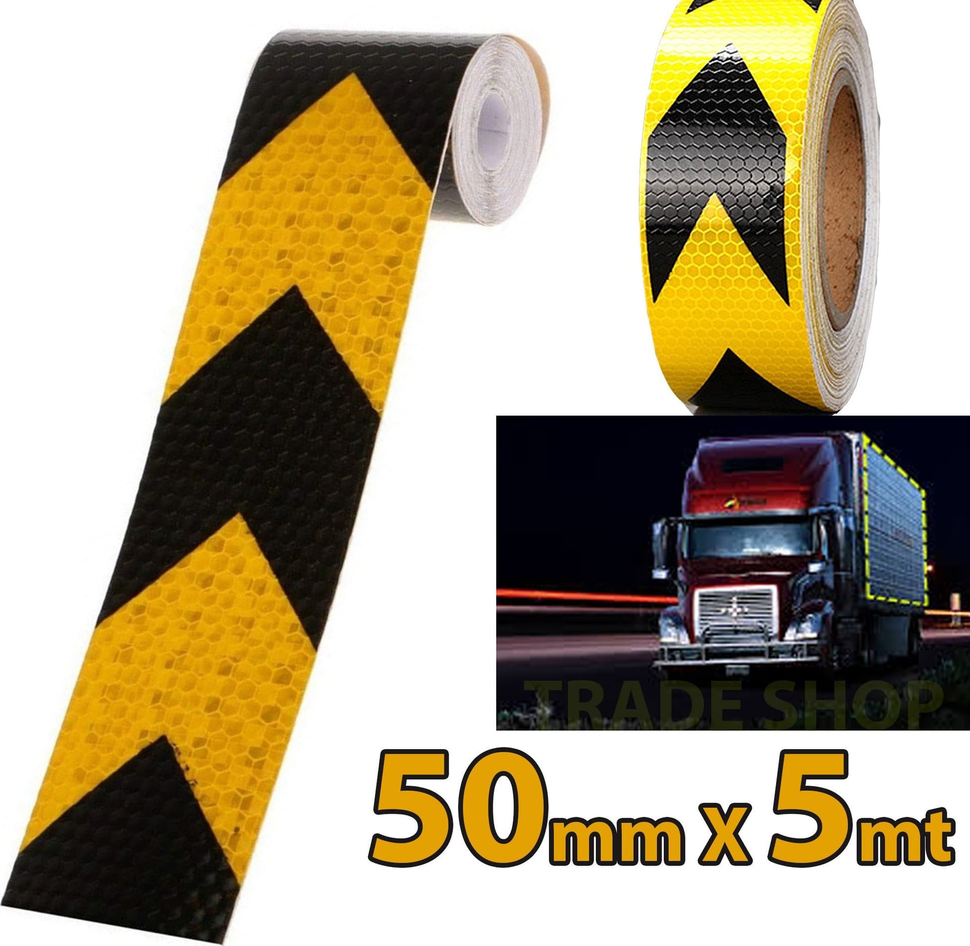 5 METRI NASTRO ADESIVO CATARIFRANGENTE AUTO CAMION NERO E GIALLO ALTA VISIBILITÁ - 5