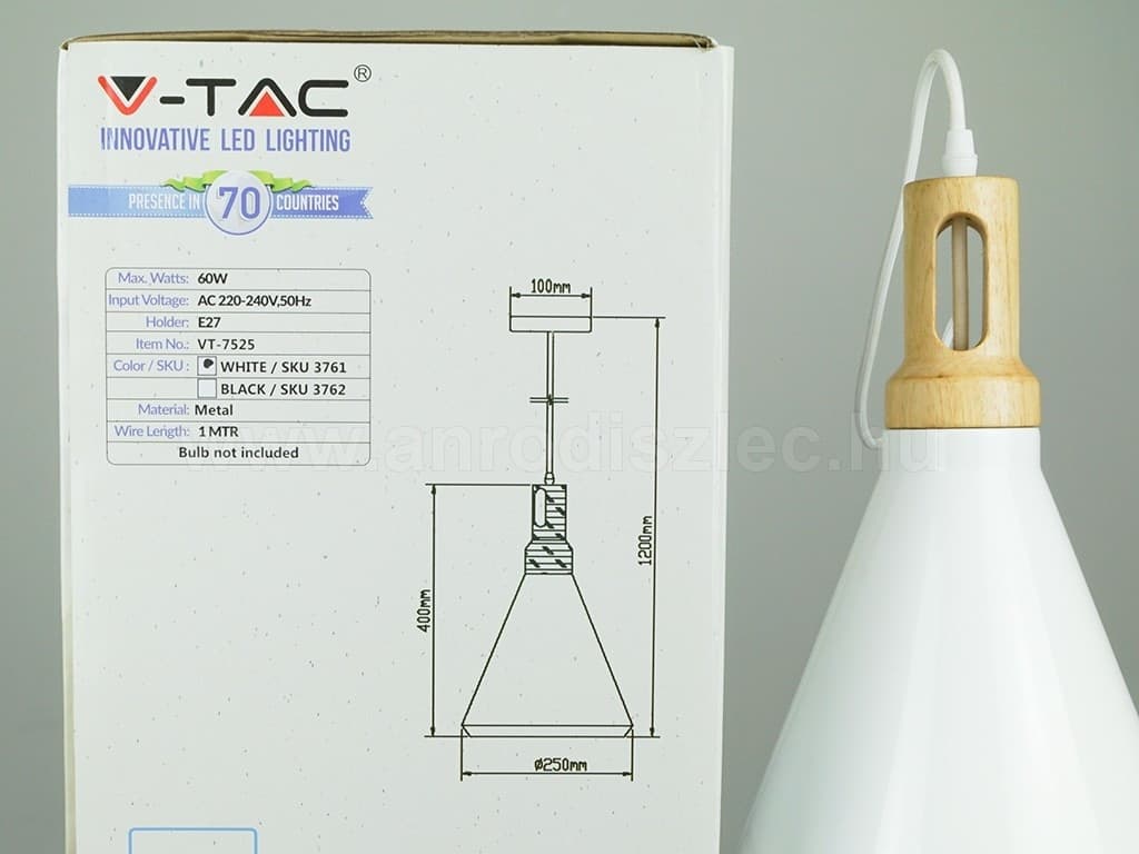 LAMPADARIO PENDENTE LAMPADA A SOSPENSIONE PARABOLA BIANCA BASE IN LEGNO VT-7525 - 5
