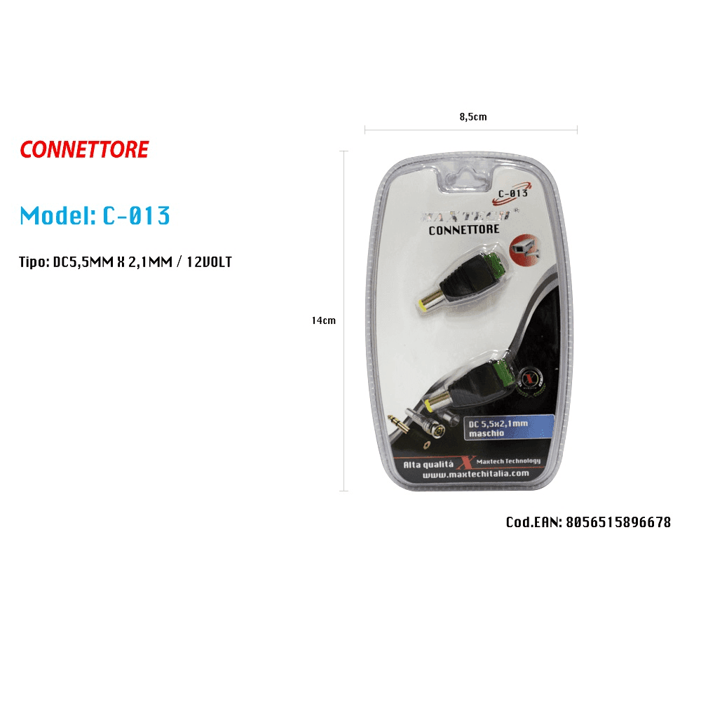 CONNETTORE MASCHIO 2.1MM X 5.5MM DC ALIMENTAZIONE PER TELECAMERE MAXTECH C-013 - 2