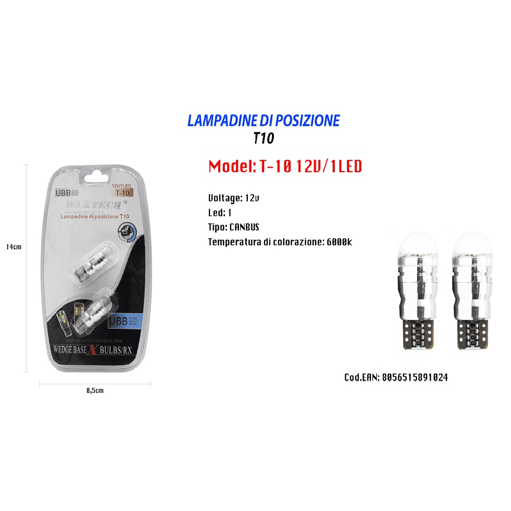 LAMPADINE DI POSIZIONE T10 ULTRA LUMINOSE MAXTECH T-10 12V / 1LED CANBUS 6000K - 2