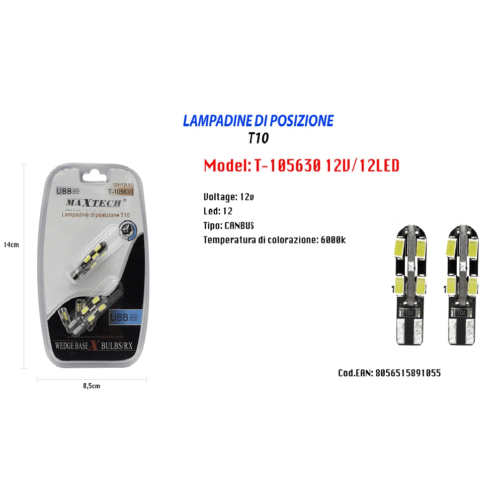 LAMPADINE DI POSIZIONE T10 MAXTECH T-105630 12V 12LED CANBUS 6000K ULTRA LUMINOSE - 2