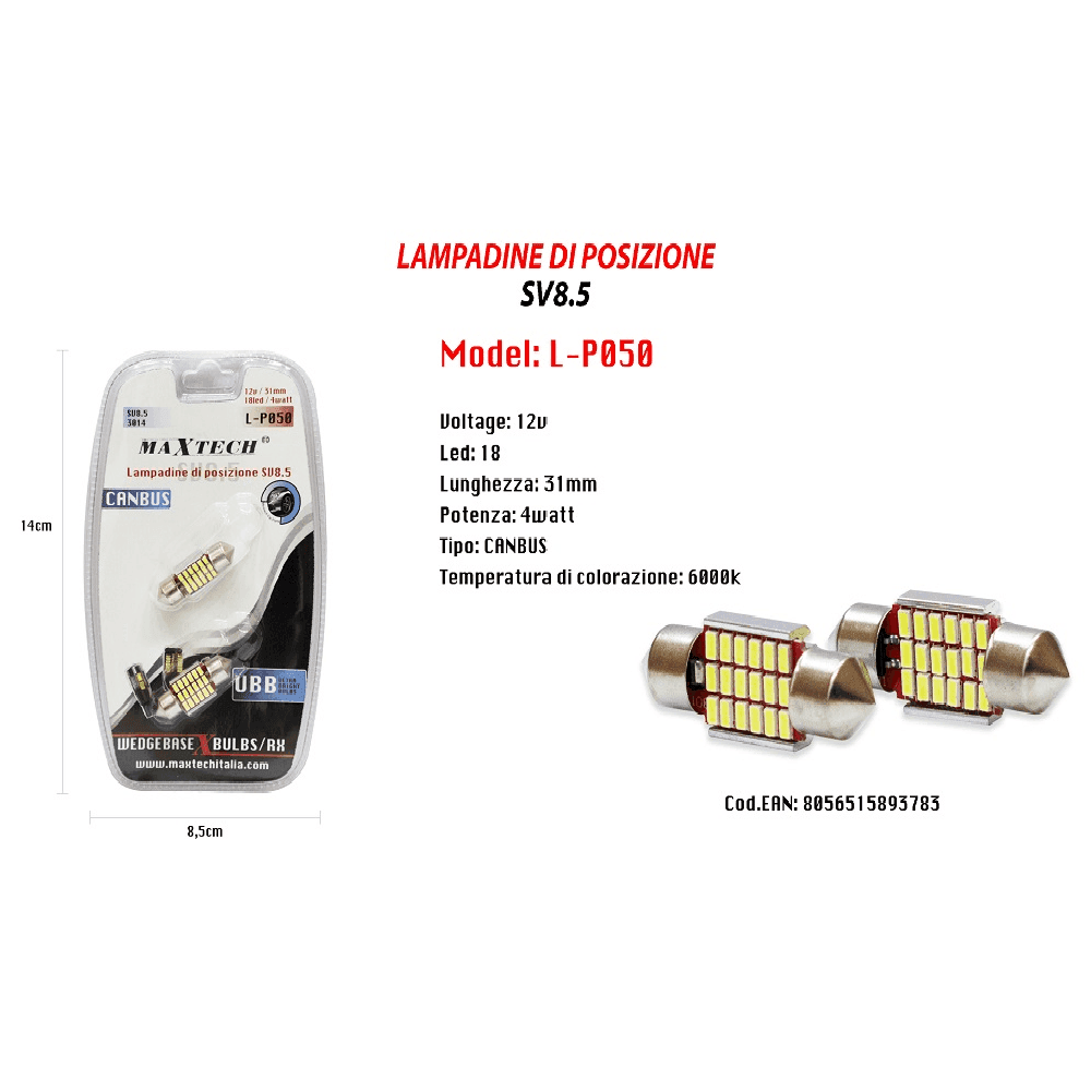 LAMPADINE DI POSIZIONE SV8.5 12V 18LED 31MM 4WATT MAXTECH L-P050 ULTRA LUMINOSE - 2