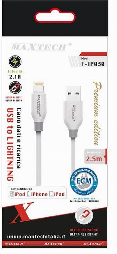 CAVO RICARICA SINCRONIZZAZIONE DATI USB LIGHTNING 2.1A PER IPHONE 2,5MT F-IP030 - 3