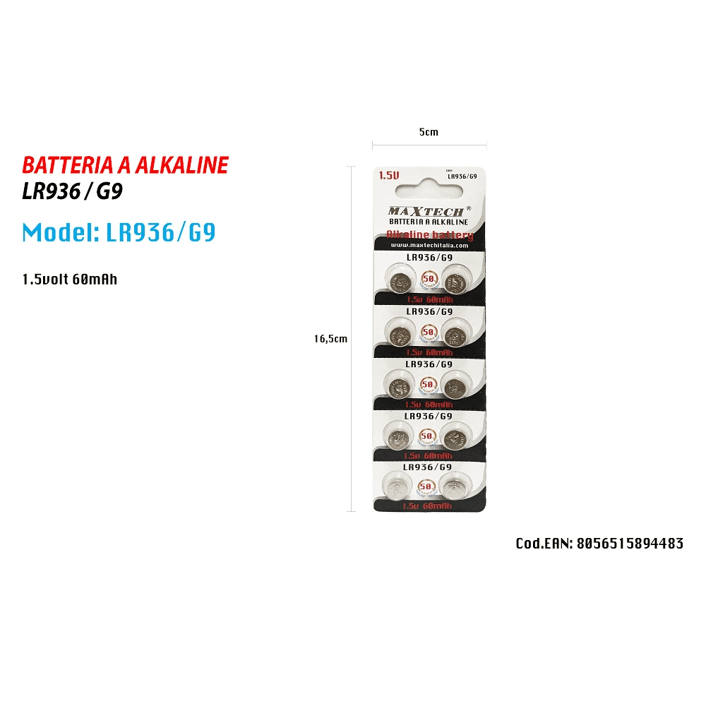 BATTERIE PILE ALKALINE LR936/G9 1.5V BOTTONE 60MAH PER OROLOGI TELECOMANDI MAXTECH - 2