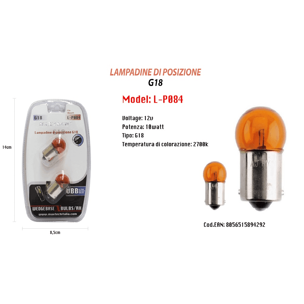 LAMPADINE DI POSIZIONE G18 12V - 10 WATT LAMPADINE ULTRA LUMINOSE MAXTECH L-P084 - 2
