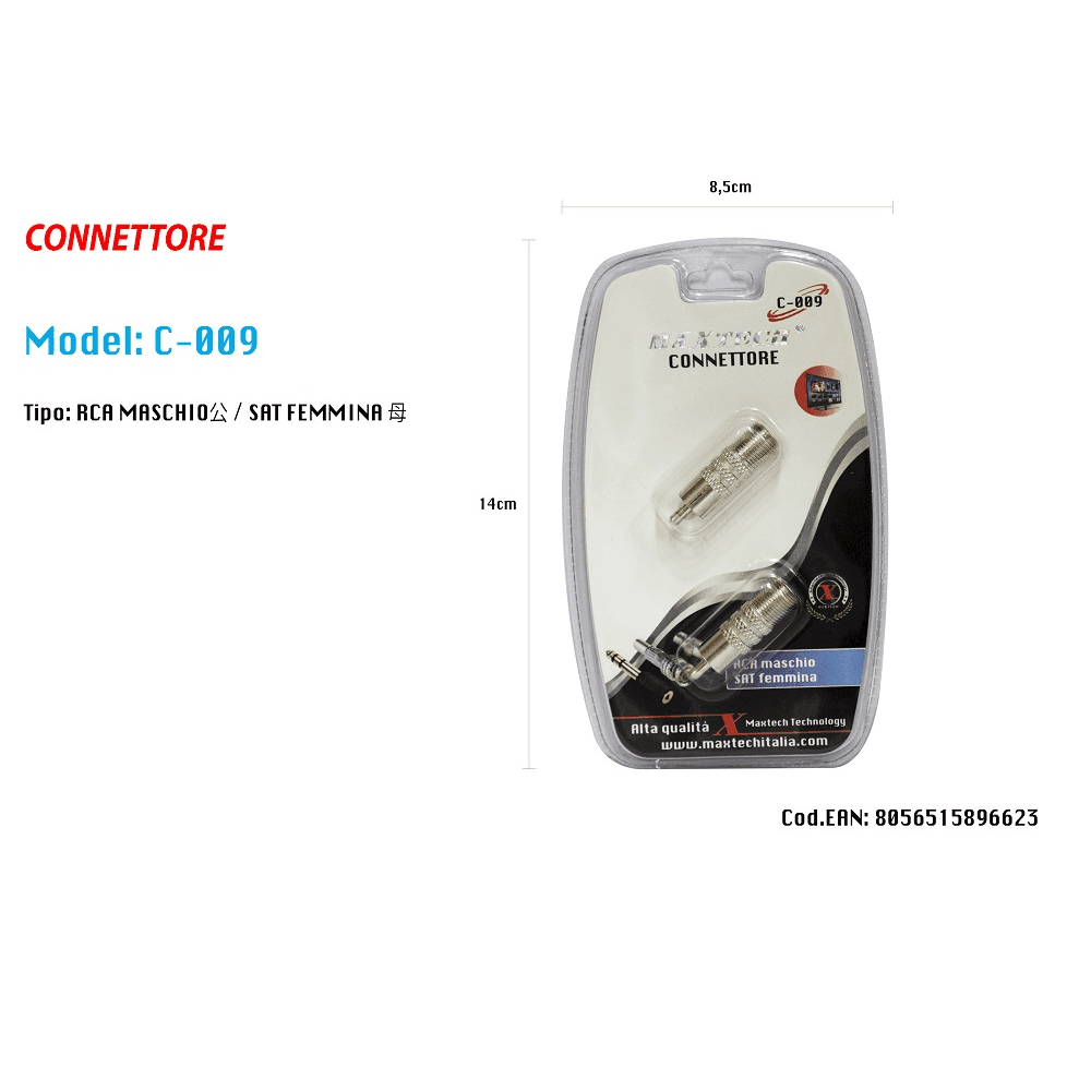CONNETTORE RCA MASCHIO / SATELLITARE FEMMINA ADATTATORE TELEVISORE MAXTECH C-009 - 2