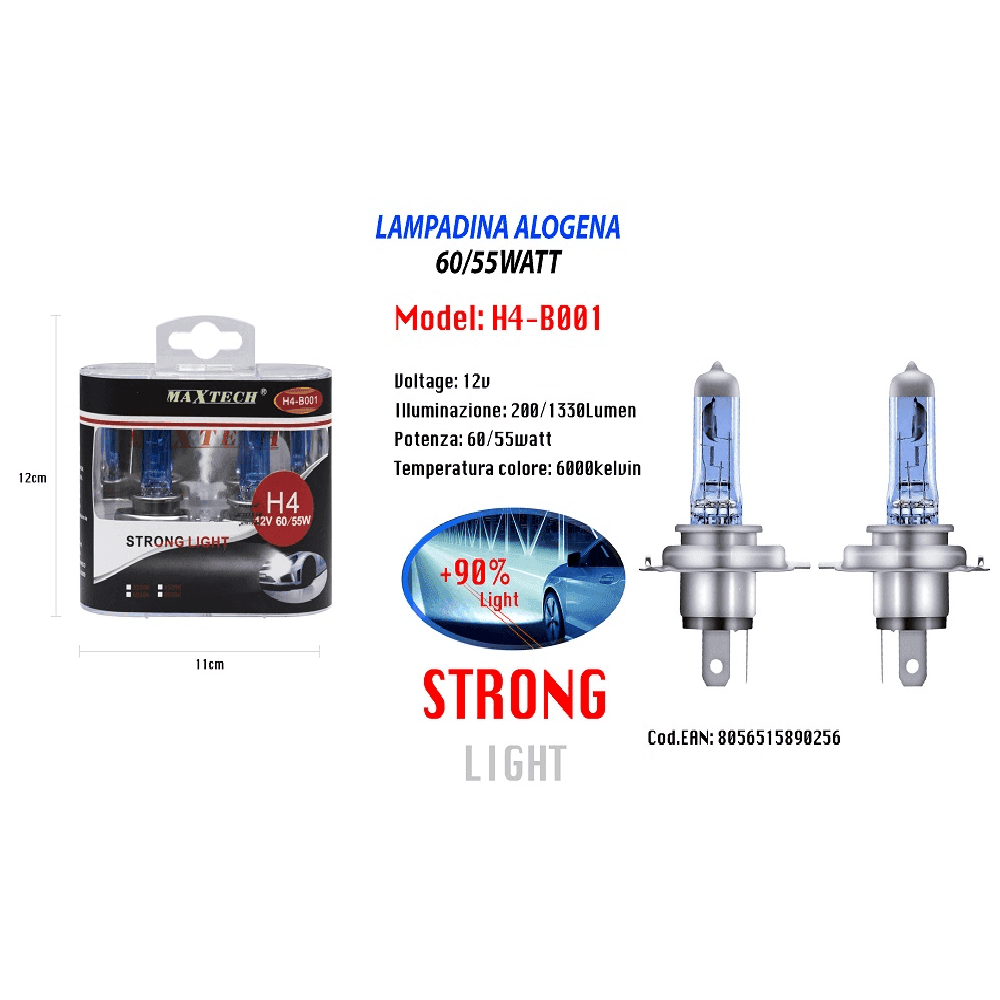 LAMPADINE PER AUTO H4 60/55W 12V LUCE BIANCA ALOGENA DI RICAMBIO MAXTECH H4-B001 - 2