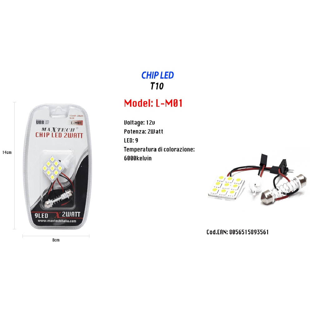 CHIP LED 2 WATT 12V AUTO 9 LED LUCE ULTRA LUMINOSE T10 6000K MAXTECH L-M01 - 2