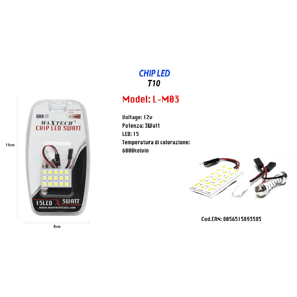 CHIP LED 3 WATT AUTO LUCE ULTRA LUMINOSE 15 LED T10 12 V 6000K MAXTECH L-M03 - 2