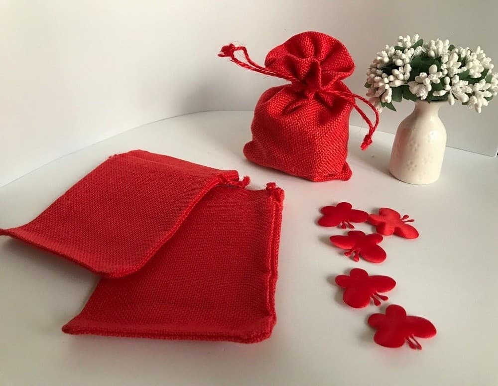 25 SACCHETTI DI JUTA ROSSI BOMBONIERE CONFETTI COMPLEANNI MATRIMONIO REGALI - 3