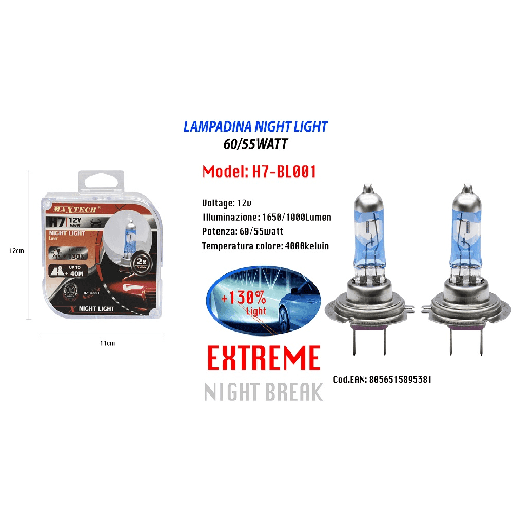 LAMPADINA PER AUTO LUCE NOTTURNA H7 12V 60/55 WATT LUCE FREDDA MAXTECH H7-BL001 - 2