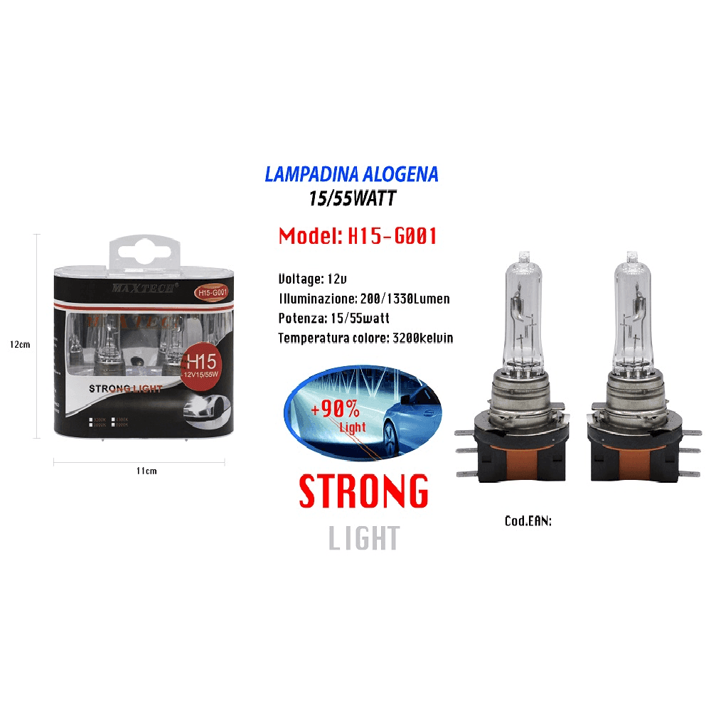 LAMPADA ALOGENA PER AUTO 15/55WATT H15 12 V LUCE CALDA RICAMBIO MAXTECH H15-G001 - 3