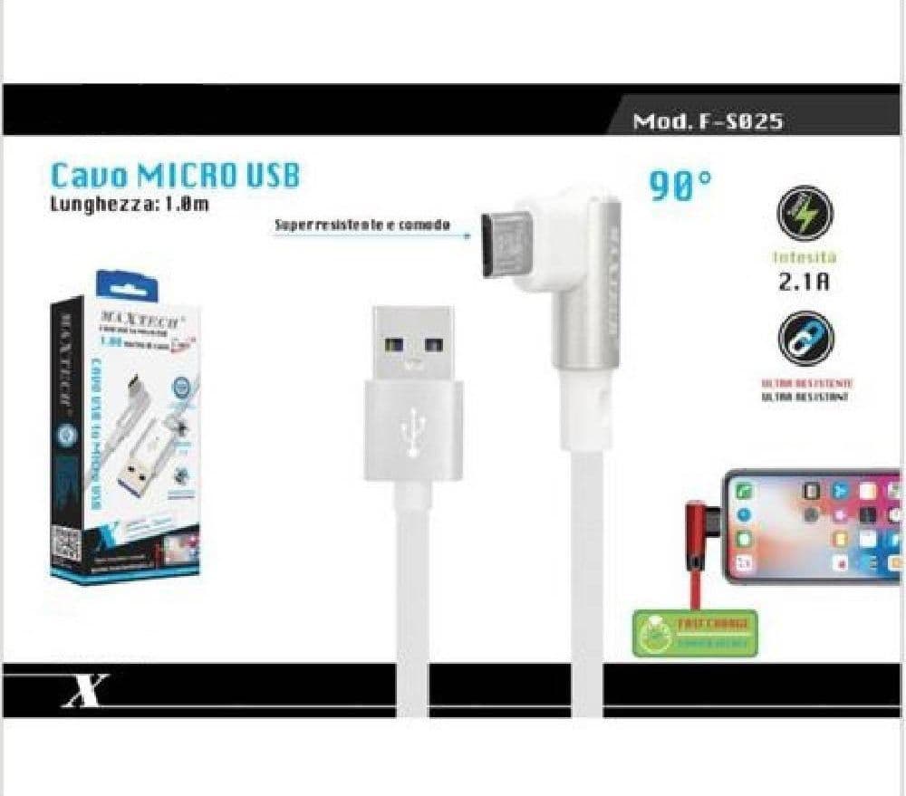 CAVO RICARICA MICRO USB 90° PER SMARTPHONE CAVETTO DATI 1 MT F-S025 MAXTECH - 4