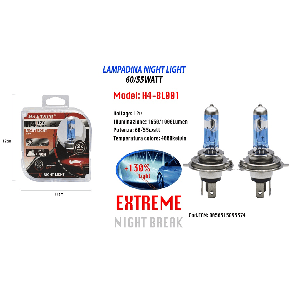 LAMPADINA PER AUTO LUCE NOTTURNA H4 LUCE FREDDA 12V 60/55W MAXTECH H4-BL001 - 6