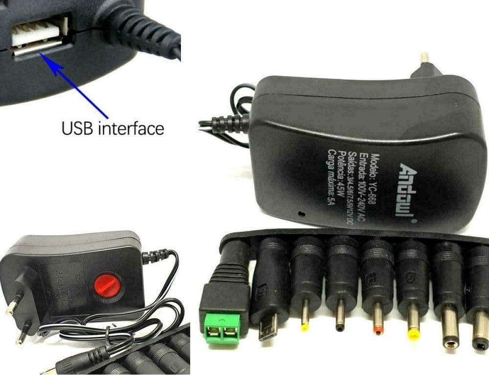 ALIMENTATORE UNIVERSALE 3V 4.5V 5V 6V 7.5V 9V 12V 1000MA 12W USB - 8 ADATTATORI