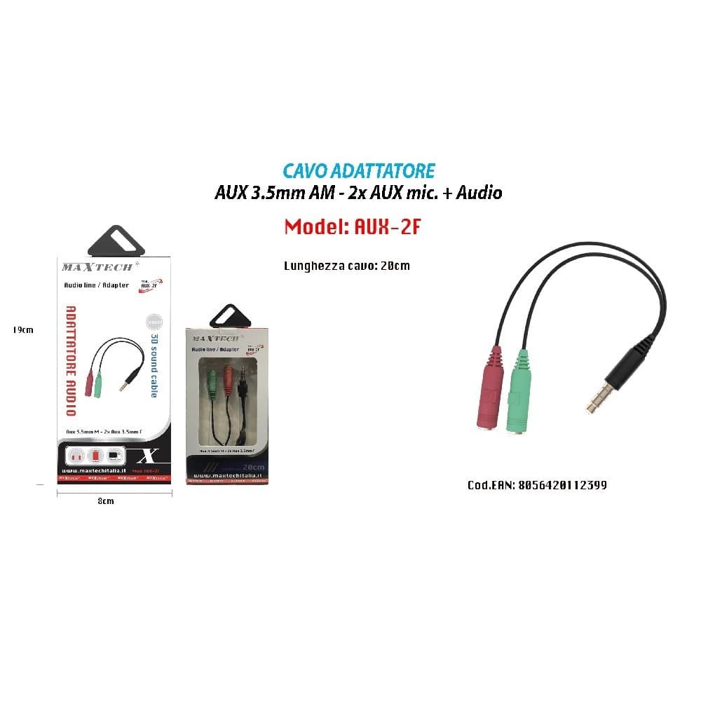ADATTATORE CAVO AUX 3.5MM MASCHIO A 2X AUX MICROFONO FEMMINA AUDIO MAXTECH AUX-2F - 4