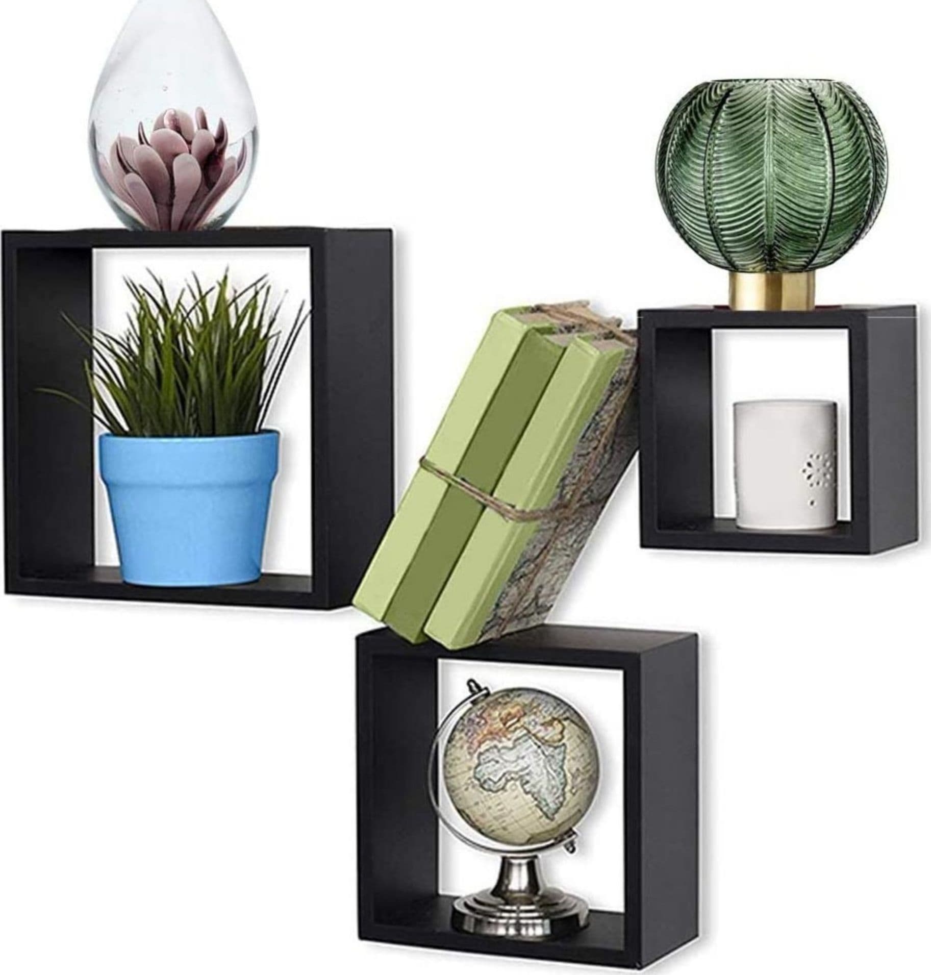 SET 3 MENSOLE DA PARETE MODERNE DESIGN CUBO MENSOLA SCAFFALE IN LEGNO MDF NERO - 2