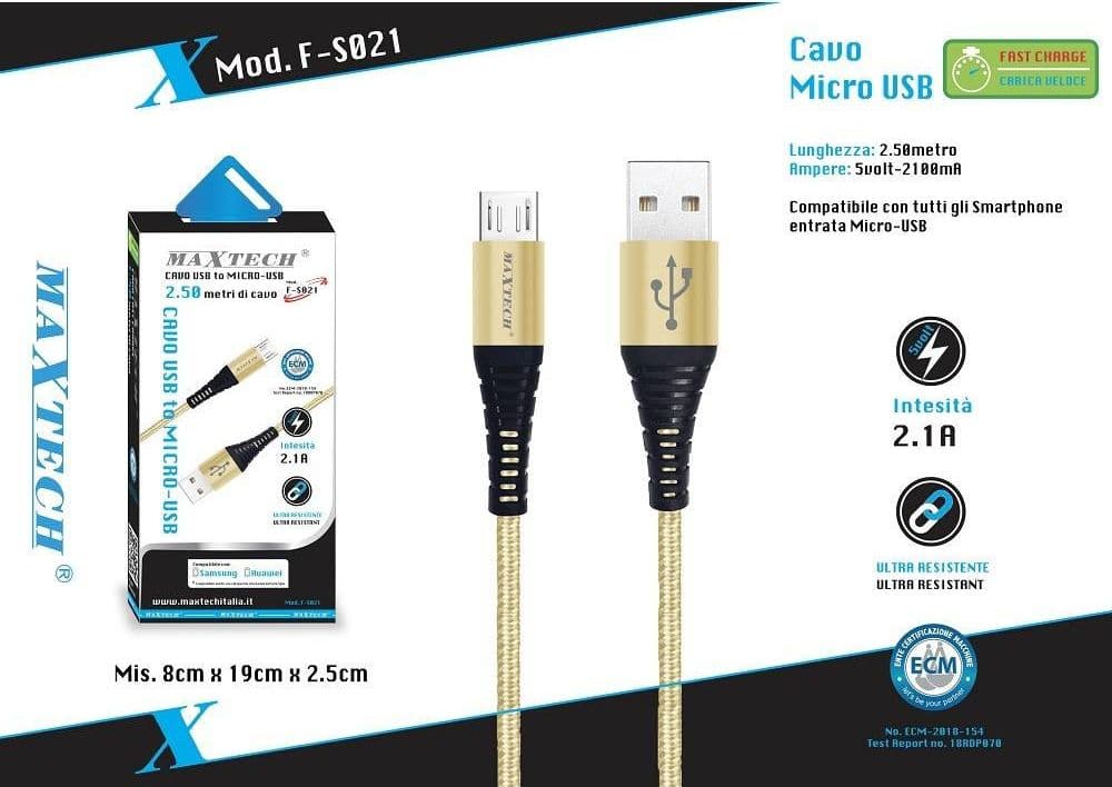CAVO MICRO USB A USB RICARICA DATI PER SMARTPHONE SAMSUNG HUAWEI MAXTECH F-S021 - 7
