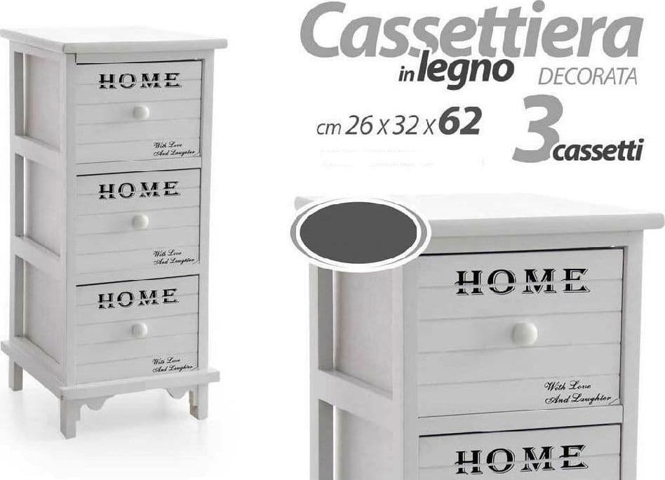 CASSETTIERA CON 3 CASSETTI H62 26X32CM DECORAZIONE HOME BIANCA LEGNO MODERNO - 2