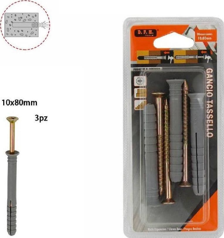 SET 3PZ TASSELLI FISHER VITI VITE CHIODI GANCIO TASSELLO MISURA 10 X 80 MM 69056