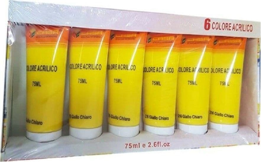 SET 6PZ PITTURA ACRILICA VERNICE CONFEZIONE COLORE GIALLO CHIARO TUBO 75ML 07505 - 2