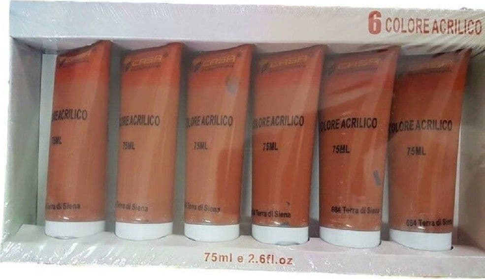 SET 6PZ PITTURA ACRILICA VERNICE CONFEZIONE COLORE TERRA DI SIENA TUBO 75ML 07487 - 2