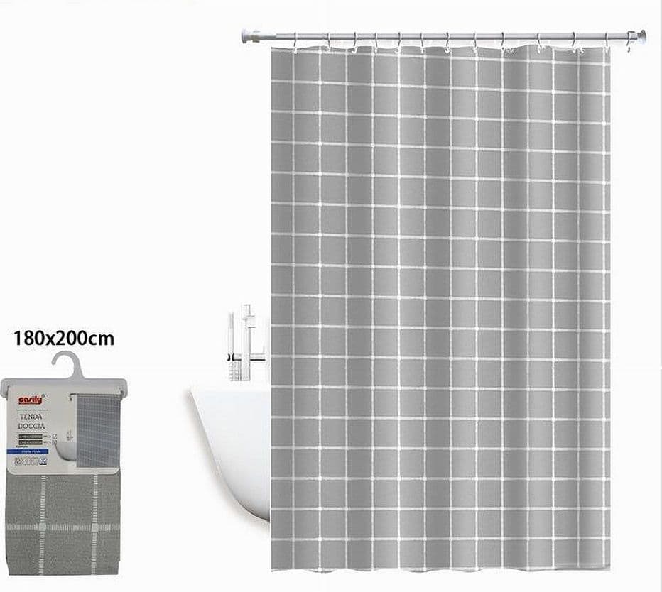 TENDA PER DOCCIA IMPERMEABILE TESSUTO PVC 12 GANCI IN PLASTICA QUADRI 180X200CM - 2