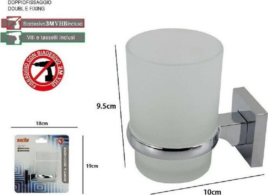 PORTA SPAZZOLINI DENTIFRICIO BICCHIERE VETRO SATINATO PARETE BAGNO SQUARE 59186 - 2