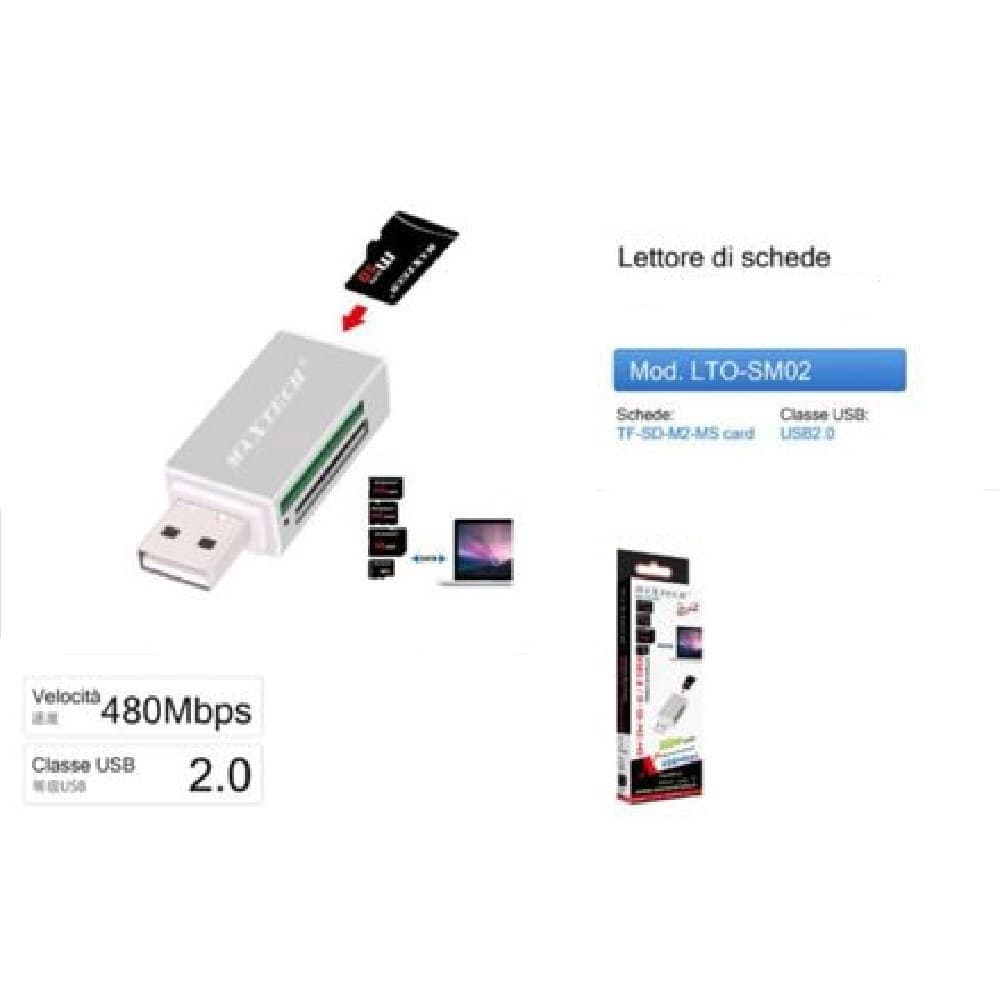 LETTORE DI SCHEDE MEMORIA MEMORY CARD USB 2.0 480 MBPS TF/SD/M2/MS CARD LTO-SM02 - 2