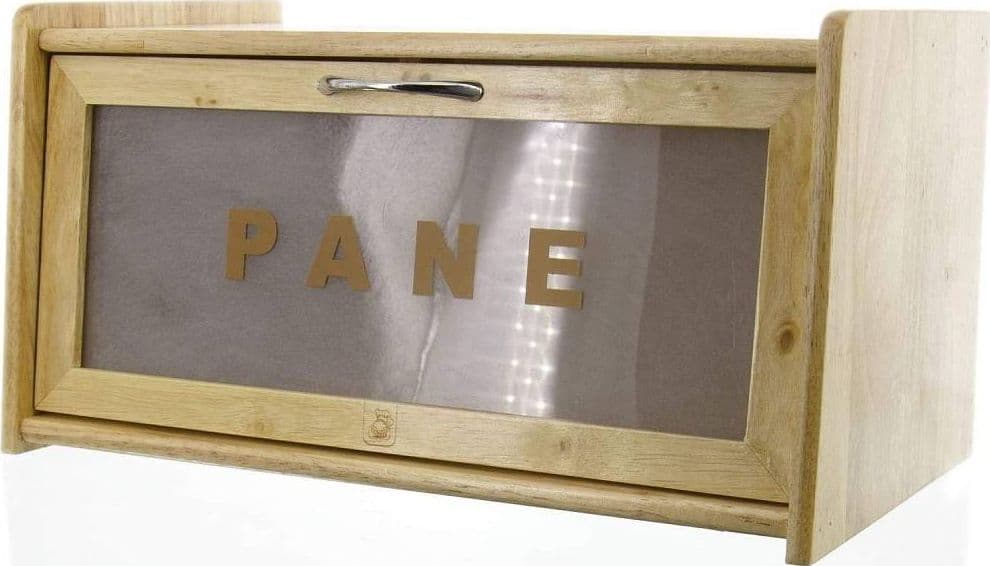 PORTAPANE IN LEGNO CON VETRINA IN VETRO CHIUSURA A CALAMITA CONTENITORE 38X22X20CM - 7