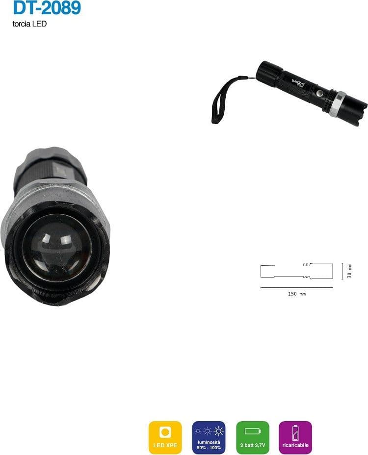 TORCIA LED CREE T6 RICARICABILE USB AUTO LUMINOSITA REGOLABILE RESISTENTE DT-2089 - 6