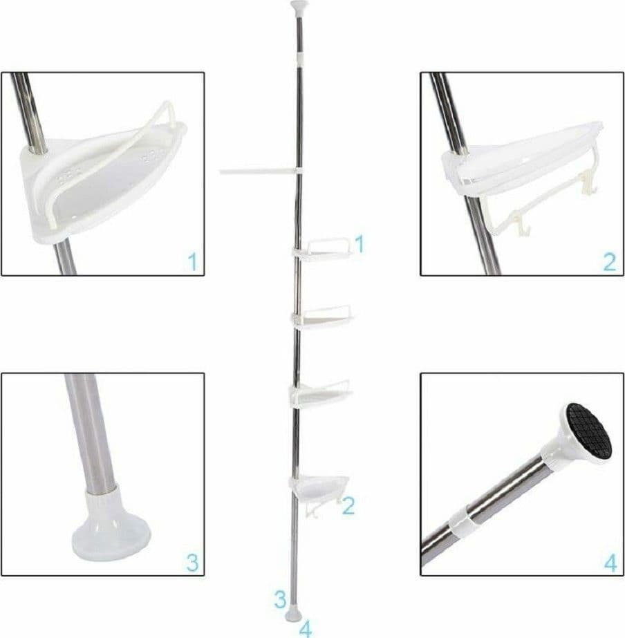 SCAFFALE ANGOLARE PER ANGOLO DOCCIA BAGNO TELESCOPICO 4 MENSOLE CON GANCI - 6