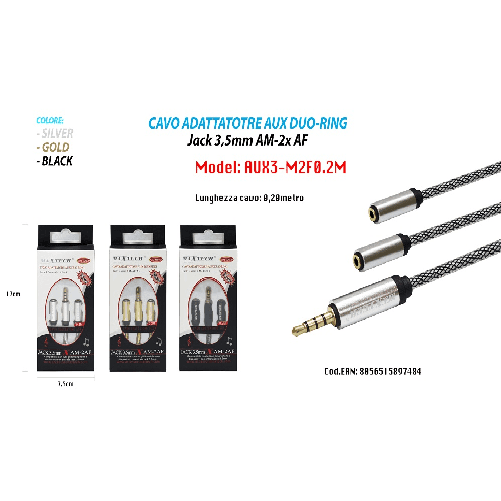 CAVI AUDIO AUX JACK 3,5MM PER SMARTPHONE SPLITTER ADATTATORE MAXTECH 2M AUX3-M2F0.2M - 2