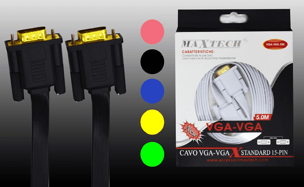 CAVO VGA-VGA 15 PIN 24K 5 METRI PER MONITOR PC TV VIDEO PIATTO MAXTECH VGA-VA5.0M - 2