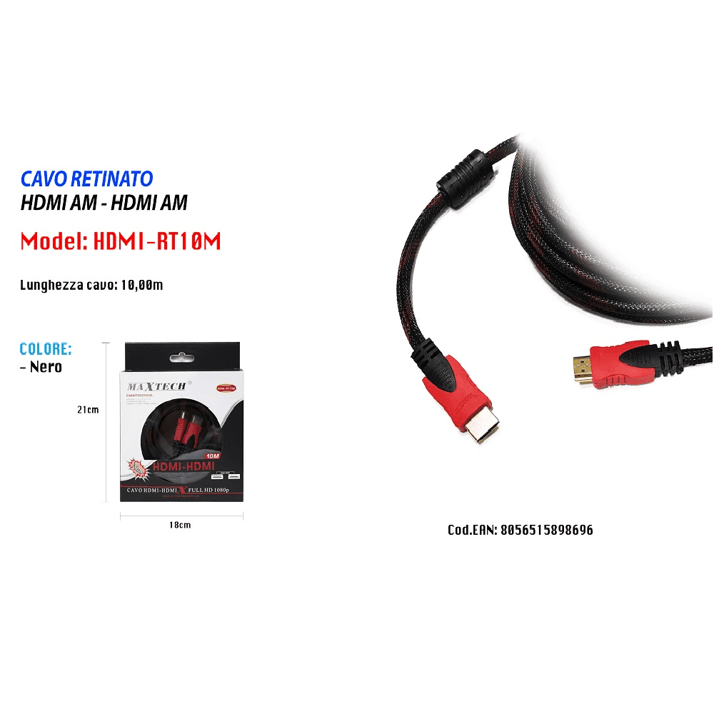 CAVO HDMI A HDMI SCHERMATO DA 10MT VIDEO FULL HD RISOLUZIONE 1080P MAXTECH HDMI-RT10M - 2