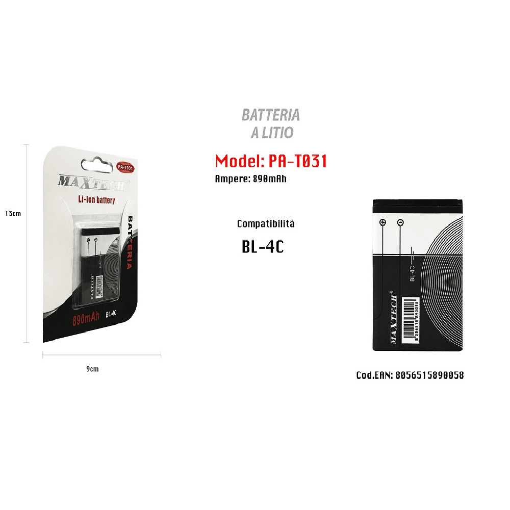 BATTERIA A LITIO COMPATIBILE CON BL-4C 890 MAH LI-ION MAXTECH PA-T031
