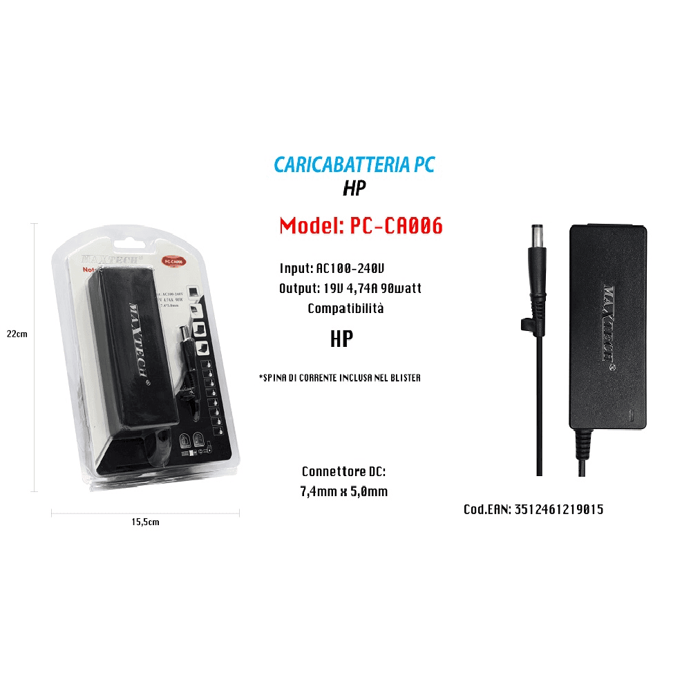 CARICABATTERIA 19V 4,74A 90W PER NOTEBOOK HP PC ALIMENTATORE MAXTECH PC-CA006 - 2