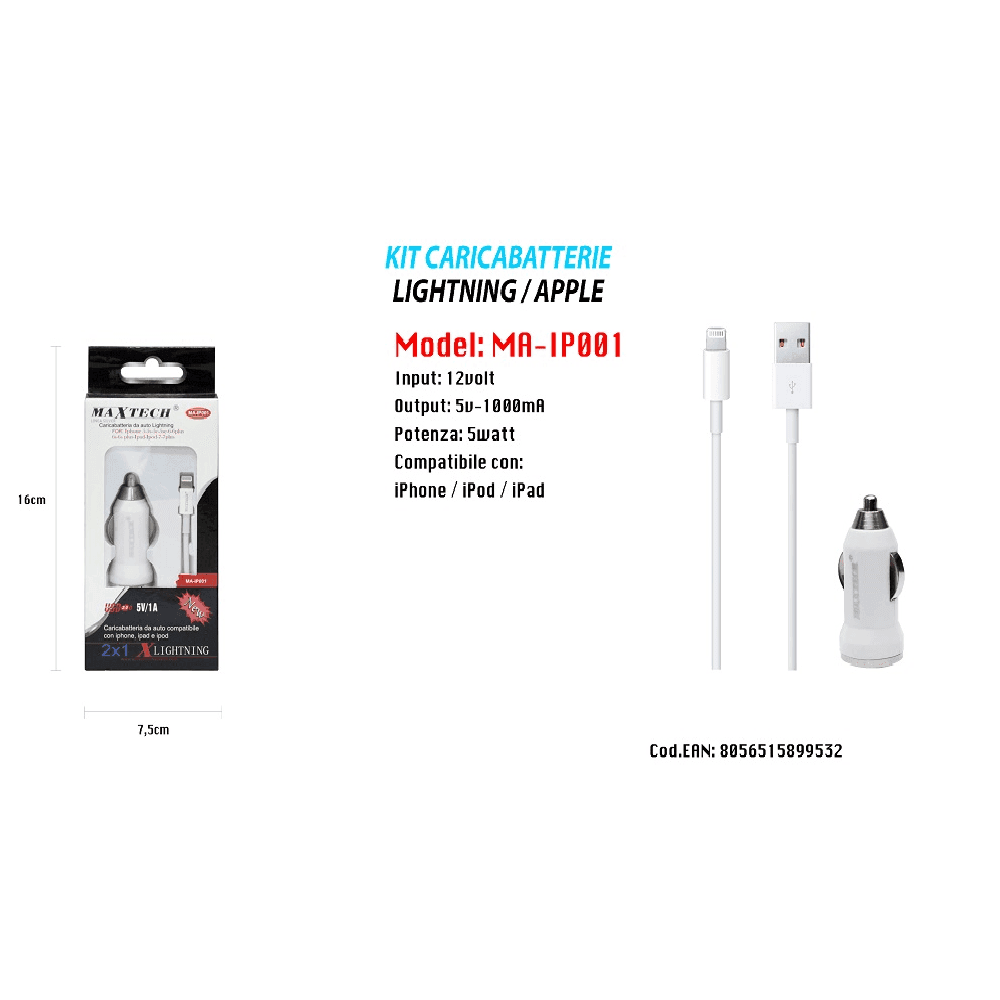 KIT CARICABATTERIE DA AUTO ACCENDISIGARI CELLULARE SMARTPHONE 5W MAXTECH IP001 - 2
