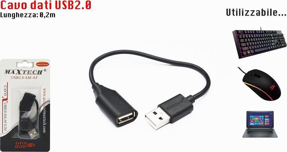 CAVO PROLUNGA USB 2.0 0.2MT MASCHIO A FEMMINA PER PC COMPUTER MAXTECH USB2.0F-M0.2M - 3