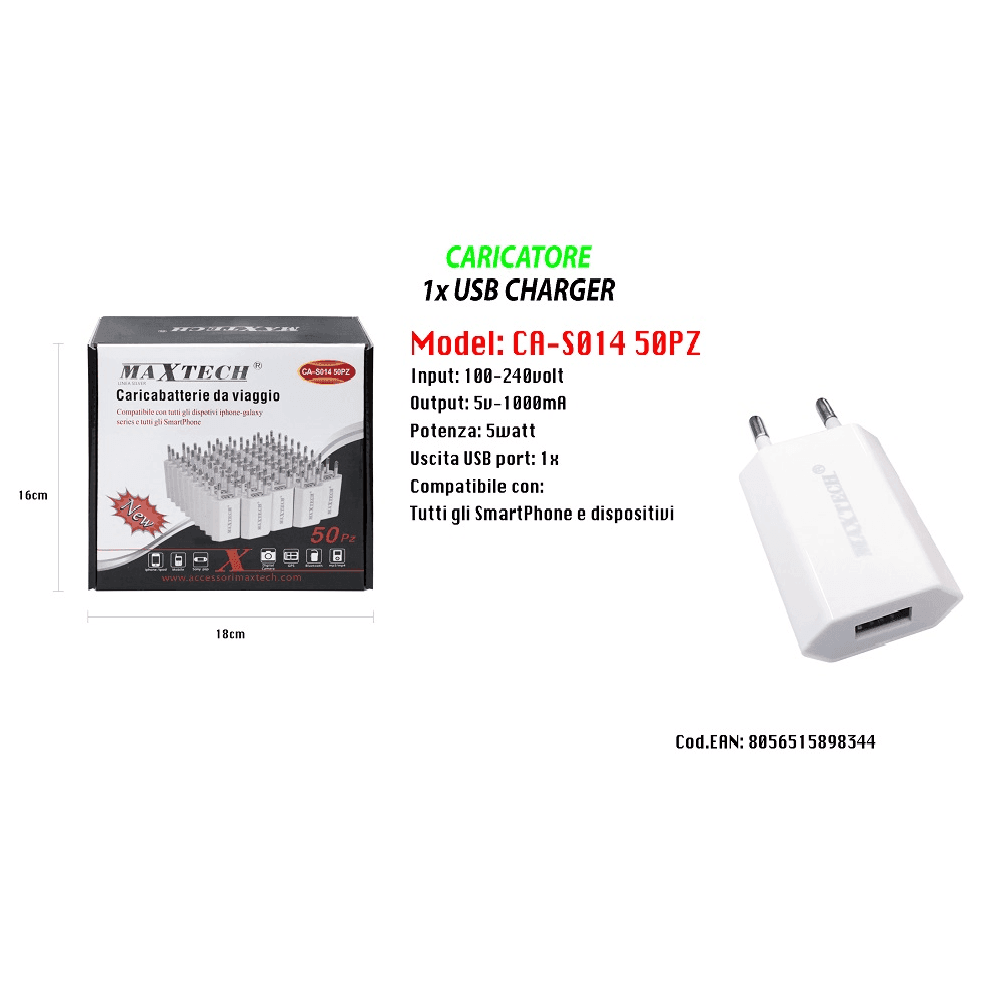 SET 50 CARICATORI USB SMARTPHONE 5V-1000MA CARICABATTERIA MAXTECH CA-S014 50PZ - 2